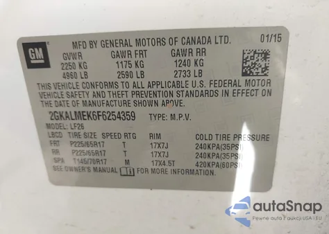 2015 GMC Terrain Sle-1 z USA, uszkodzony, nr VIN 2GKALMEK6F6254359